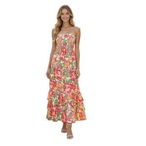 Abel the Label Dress Sz Small‎ Strapless Floral Smocked Tiered Maxi Pink Orange